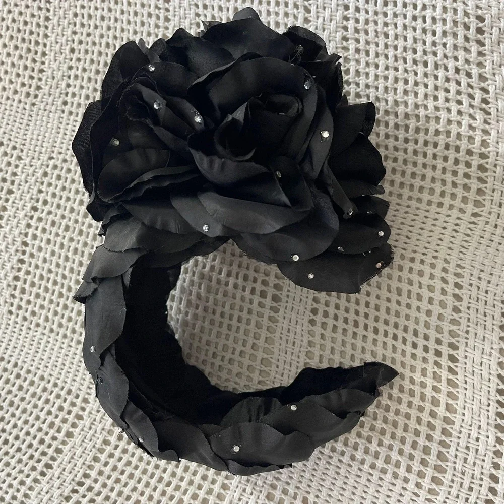 Black Floral Fascinator Hat‎ Rhinestone Rose Flower Headband Race Wedding